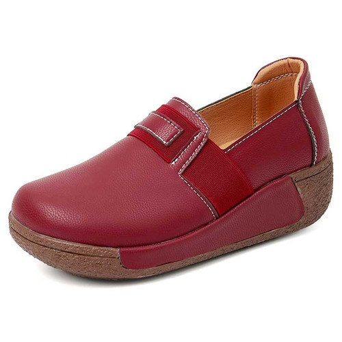 Women's red stretch strap plain slip on rocker bottom shoe 01