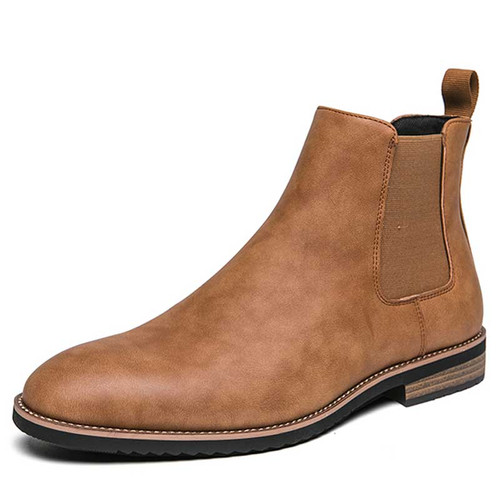 Men's brown plain sewn accents slip on shoe boot 01