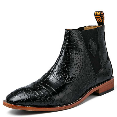 Men's black brogue crocodile skin pattern slip on shoe boot 01