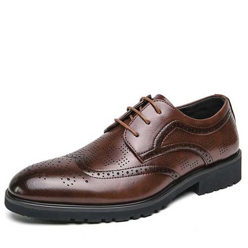 Men's brown retro brogue check accents derby dress shoe 01