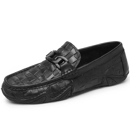 Black check weave accents buckle slip on shoe loafer 01
