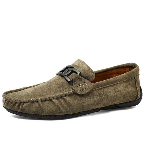 Men's khaki chain accents buckle slip on shoe loafer 01