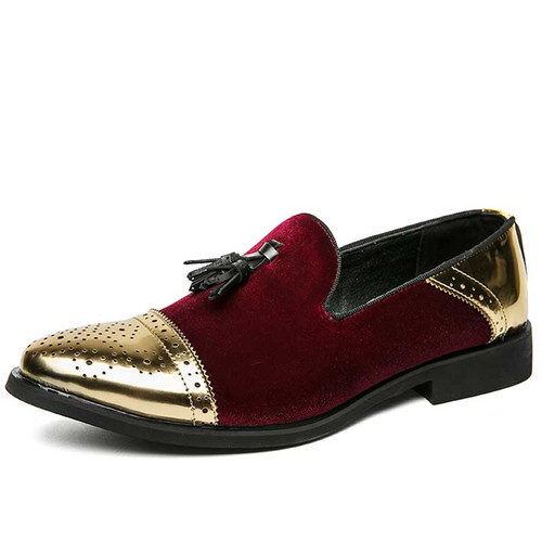 Men's red golden brogue tassel on top slip on dress shoe 01