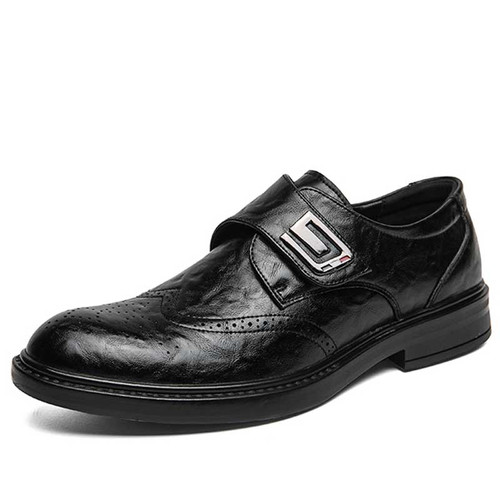 Men's black brogue retro monk strap slip on dress shoe 01