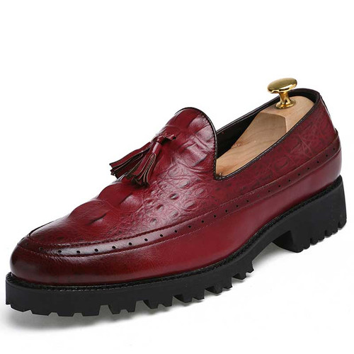 Men's red brogue croc skin pattern tassel slip on dress shoe 01