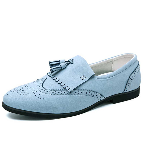 Men's blue brogue tassel on top slip on dress shoe 01