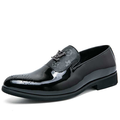 Men's black brogue pattern print ornament slip on dress shoe 01