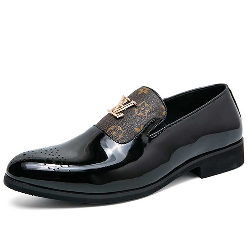 Men's brown brogue pattern print ornament slip on dress shoe 01