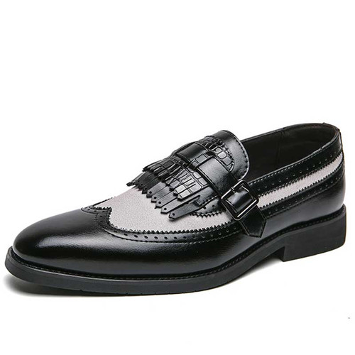 Men's black brogue tassel buckle strap slip on dress shoe 01