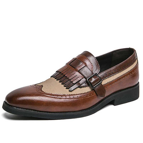 Men's brown brogue tassel buckle strap slip on dress shoe 01