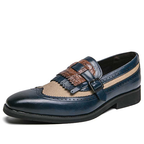 Men's blue brogue tassel buckle strap slip on dress shoe 01