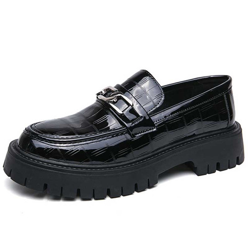 Men's black pattern metal buckle thick sole slip on dress shoe 01