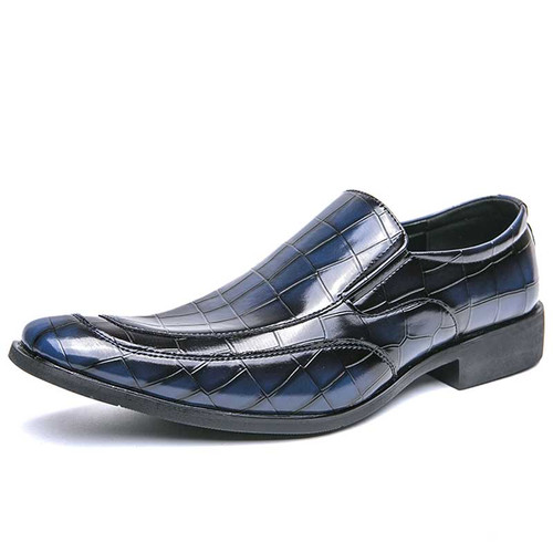 Men's blue croc skin pattern point toe slip on dress shoe 01