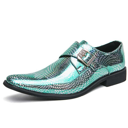 Men's green discolour pattern monk strap slip on dress shoe 01