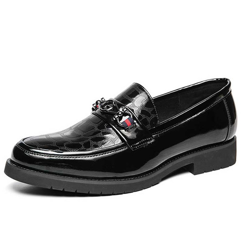 Men's black metal buckle strap patterned slip on dress shoe 01