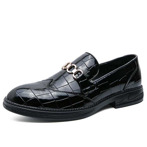 Men's black retro croc pattern metal buckle slip on dress shoe 01