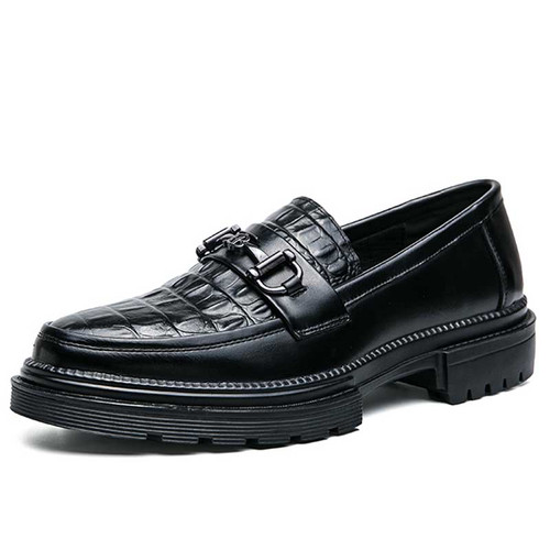 Men's black croc pattern metal buckle penny slip on dress shoe 01