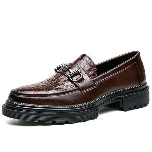 Men's brown croc pattern metal buckle penny slip on dress shoe 01