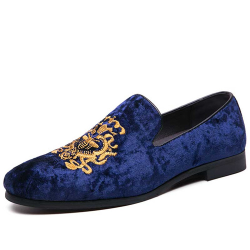 Men's blue suede pattern on vamp slip on dress shoe 01