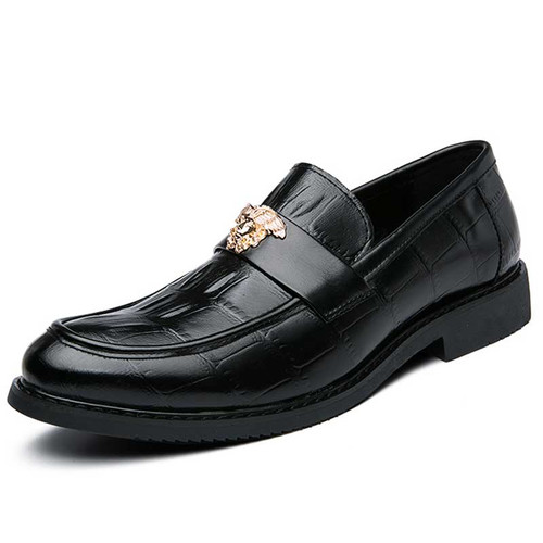 Men's black metal ornament croc pattern penny slip on dress shoe 01
