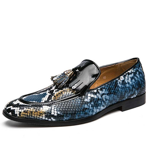 Men's blue tassel snake skin pattern slip on dress shoe 01