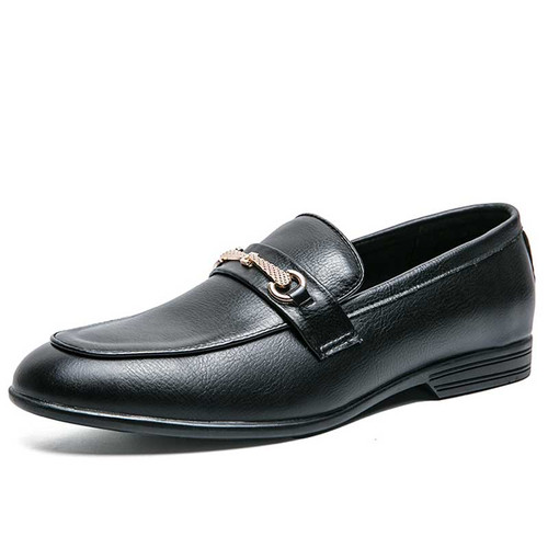 Men's black metal buckle penny strap slip on dress shoe 01