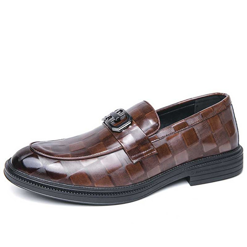 Men's brown metal buckle check pattern penny slip on dress shoe 01