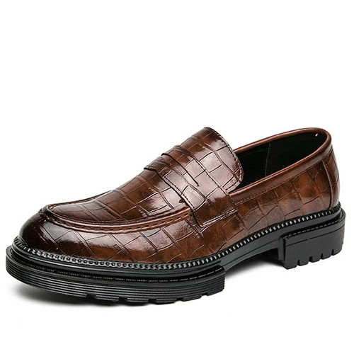 Men's brown retro croc skin pattern penny slip on dress shoe 01