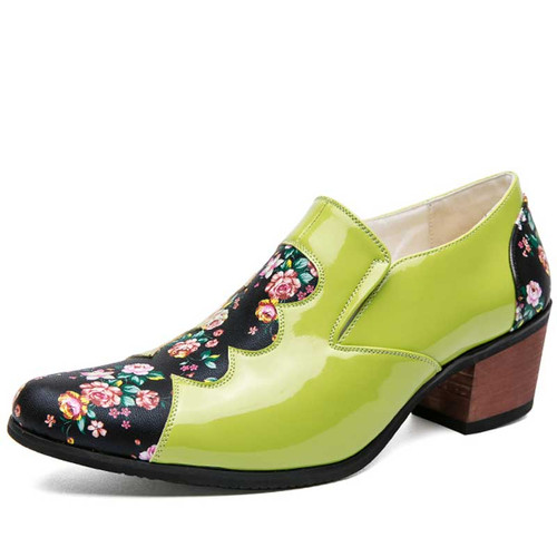 Men's green floral pattern point toe slip on dress shoe 01
