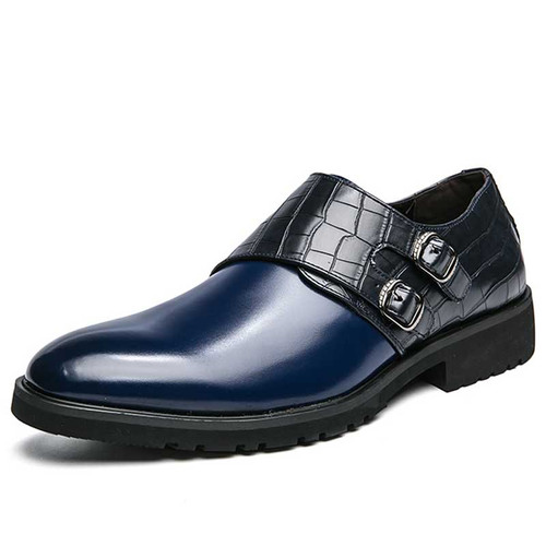 Men's blue monk strap croc skin pattern slip on dress shoe 01