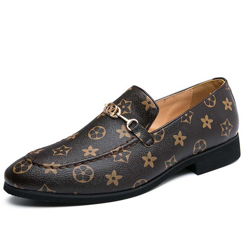 Men's brown pattern print metal buckle slip on dress shoe 01