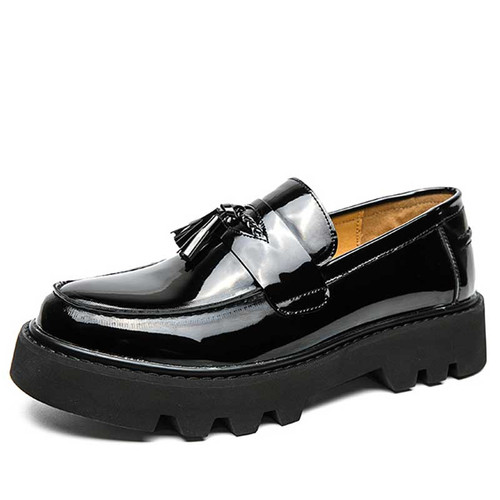 Men's black patent tassel on top penny slip on dress shoe 01