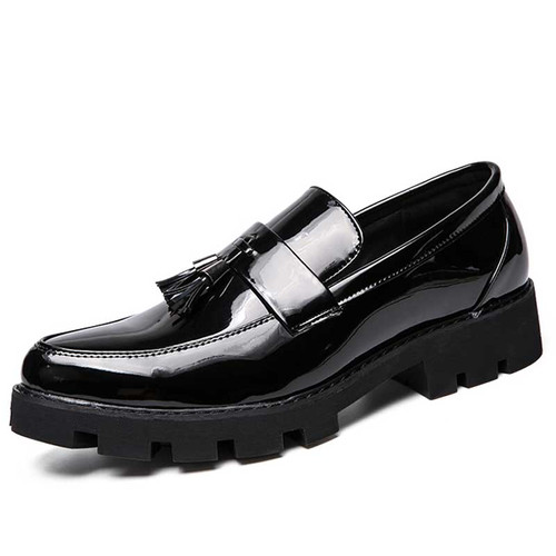 Men's black patent tassel penny strap slip on dress shoe 01