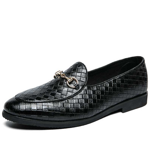 Men's black retro weave accents metal buckle slip on dress shoe 01