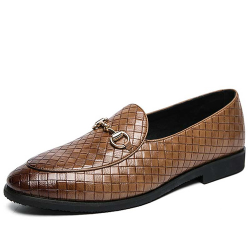 Men's brown retro weave accents metal buckle slip on dress shoe 01