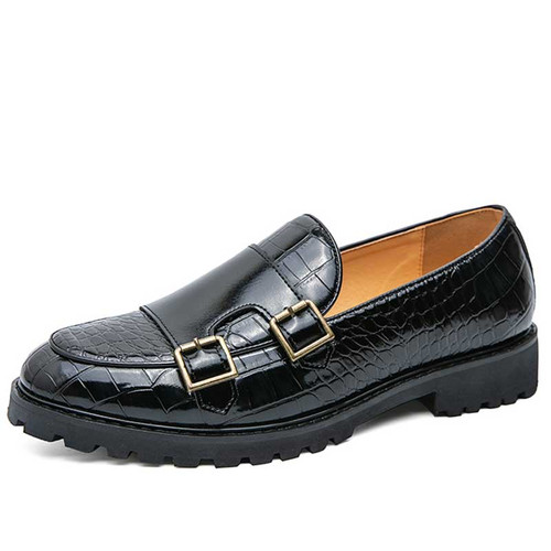 Men's black croc skin pattern monk strap slip on dress shoe 01