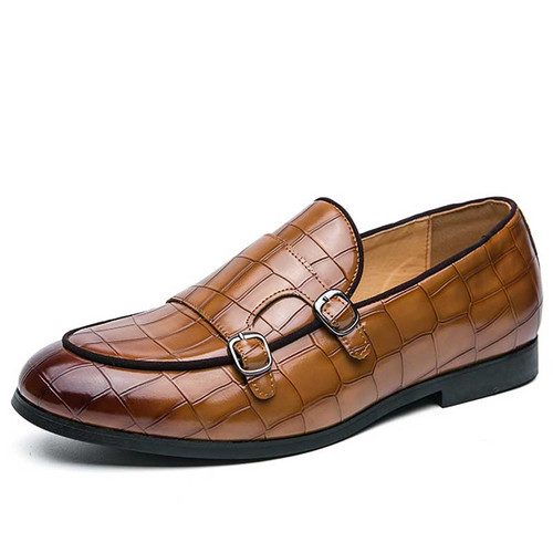 Men's brown croc skin pattern monk strap slip on dress shoe 01