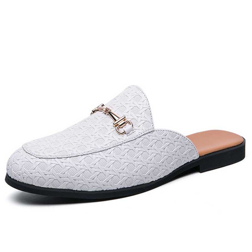 Men's white weave accents metal buckle slip on shoe mule 01