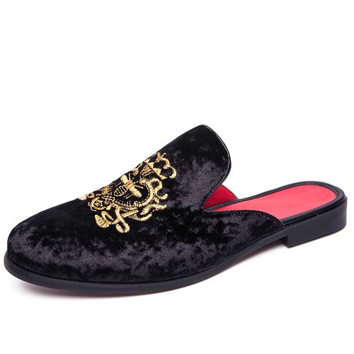 Men's black retro pattern on vamp slip on shoe mule 01