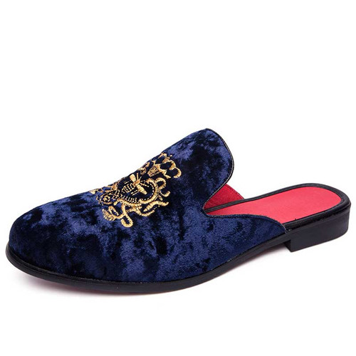 Men's blue retro pattern on vamp slip on shoe mule 01