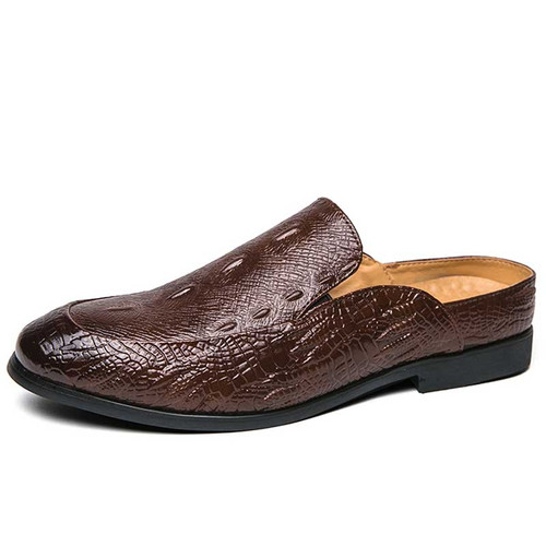 Men's brown crocodile skin pattern slip on shoe mule 01