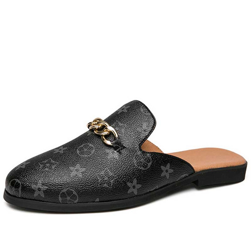 Men's black pattern print trim chain buckle slip on shoe mule 01