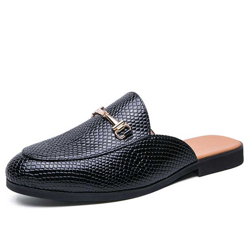 Men's black pattern metal buckle on top slip on shoe mule 01