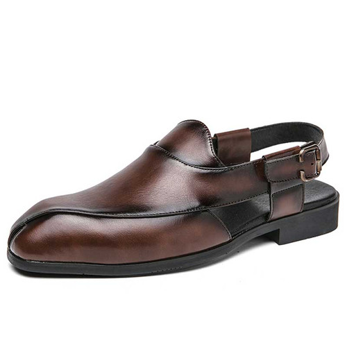 Men's brown retro back buckle strap slip on shoe mule 01