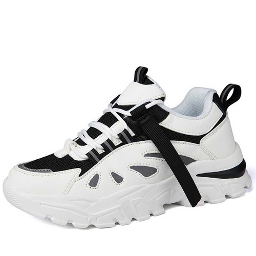 Women's white black strap decorated casual sport shoe sneaker 01