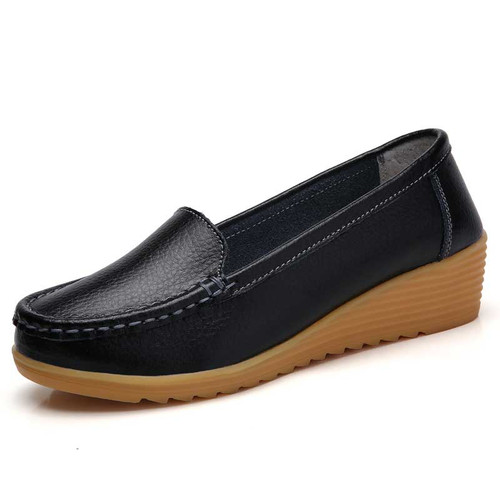 Women's black casual plain slip on shoe loafer wedge 01