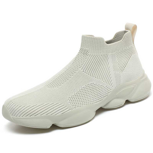 Men's beige stripe texture sock like fit slip on shoe sneaker 01