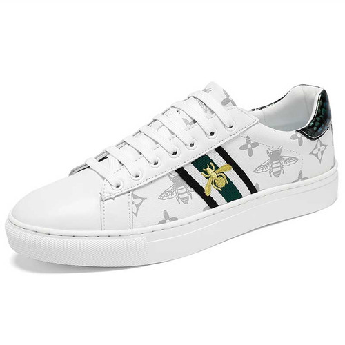 Men's white stripe & bee pattern print casual shoe sneaker 01