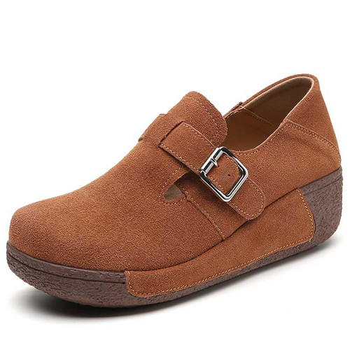 Women's brown suede buckle strap slip on rocker bottom shoe 01