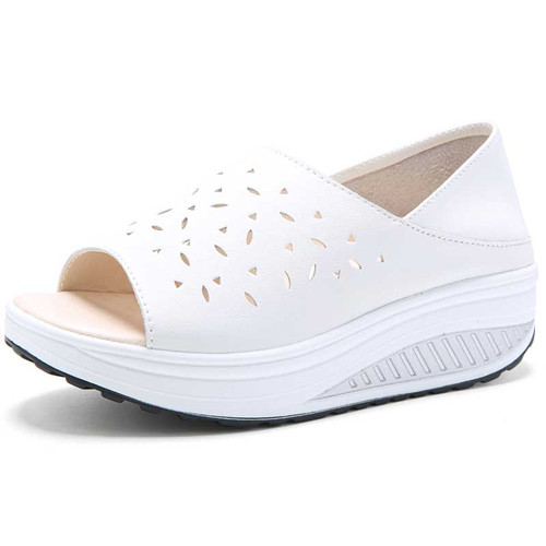 Women's white hollow out vamp slip on rocker bottom shoe sandal 01